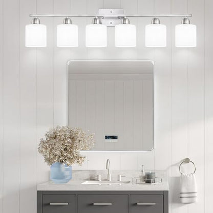 Large Bathroom Vanity Light Fixture, 6 Light Anti-Rust Finish with Milky White Frosted Glass Shades, 38 Inch Bath Light Above Mirror Light Fixture - color: Nickel & Milky White Glass, size: 6-Light