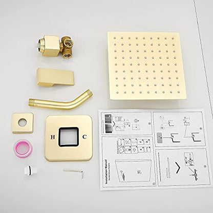 Brushed Gold Shower Faucet GGStudy Single Function Shower Trim Kit with Rough-in Valve Shower Set Bath Rainfall Shower Faucet System 8inch Square Stainless Steel Metal Shower Head - color: Brushed Gold, style: Square