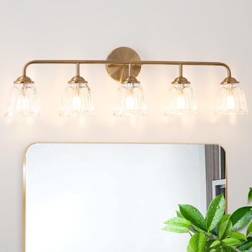 Daunton 5-Light Vintage Vanity Light, Brushed Brass Vanity Lighting, Elegant Bathroom Lighting Fixtures Over Mirror, Bathroom Vanity Light with Clear Glass Shade, Gold Wall Sconce for Bedroom - color: Gold, size: 31.5in