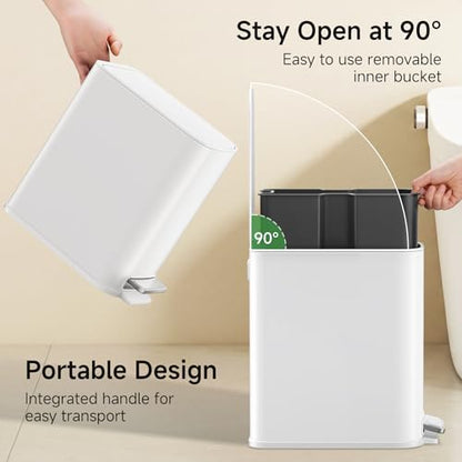 TIPGO Small Bathroom Trash Can with Lid Soft Close,1.3 Gallon, White | Step Pedal, Removable Inner Bucket, 5 Liter Slim Stainless Steel Garbage Can for Bedroom, Office, Kitchen - color: White