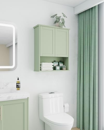 Bathroom Cabinet Wall Mount Buffering Hinge,23"x29" inch Over Toilet Storage Cabinet and Adjustable Shelves, Large Space Wooden Medicine Cabinet (Light Green) - color: Light Green, size: 23x29