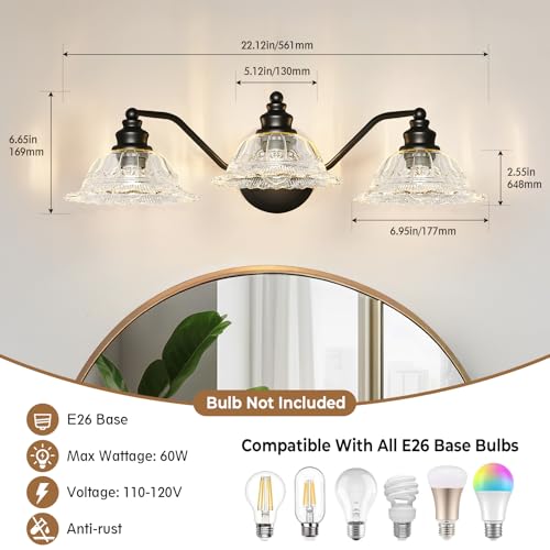 Redluck 3-Light Modern Bathroom Light Fixtures, Black Vanity Lights | Flower Glass Shade, Easy to Install, Rustproof Finish Wall Sconces Lighting for Bathroom Mirror, Living Room, Metal - color: Black