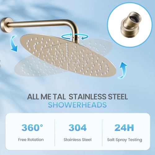 12 inch Brushed Gold Rainfall Shower Head - All Metal Stainless Steel Full Body Round Rain Shower with 120 Silicone Nozzles Modern Bathroom - color: Brushed Gold, size: 12 Inch