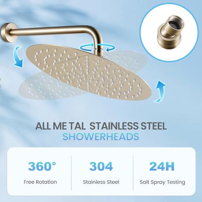 12 inch Brushed Gold Rainfall Shower Head - All Metal Stainless Steel Full Body Round Rain Shower with 120 Silicone Nozzles Modern Bathroom - color: Brushed Gold, size: 12 Inch