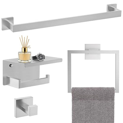 TURS Bathroom Hardware Set Brushed Nickel 4-Piece Towel Bar Set Include 24 Inch Towel Bar Towel Ring Towel Hook Toilet Paper Holder with Shelf Wall Mounted. - color: Brushed Nickel, size: Set C