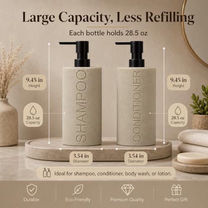 Resin 2 Pack Shampoo, Conditioner or Body Wash Dispenser Set, Luxurious Refillable Pump Bottles with Matte Pump Top and Embossed Text, Durable Design for Bathroom and Shower - color: Tan Shampoo & Conditioner
