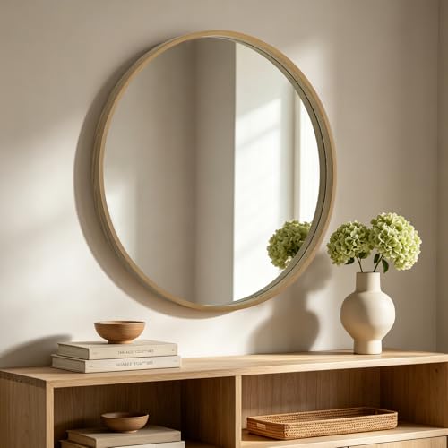 HOMECOOKIN Round Wood Mirror 36 inch Circle Mirror, Rustic Farmhouse Wooden Framed Decorative Wall Decor, Vanity Wall Mirror for Bathroom, Bedroom, Entryway, Living Room (Natural) - color: Natural, size: 36"L x 36"W