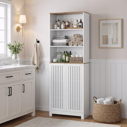 Smart FENDEE 66.77“ Tall Bathroom Storage Cabinet with 3 Open Shelves & Concealed Closed Storage, Farmhouse Freestanding Cabinet with Louvered Doors for Bathroom, Laundry Room, Kitchen - size: 66.77" Tall Floor Cabinet
