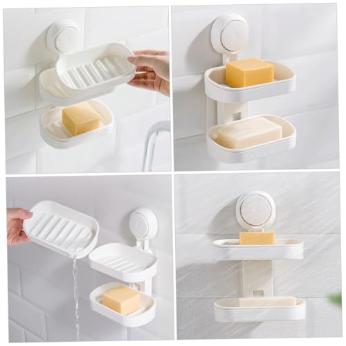 Double-Layer Wall Mount Soap Dish Holder with Suction Cup No Drilling Bathroom Soap Box for Shower Abs Material Draining Tray Extends Bar Life Easy Install Organizer