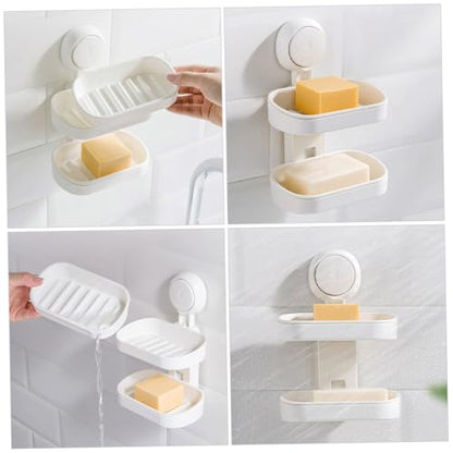 Double-Layer Wall Mount Soap Dish Holder with Suction Cup No Drilling Bathroom Soap Box for Shower Abs Material Draining Tray Extends Bar Life Easy Install Organizer