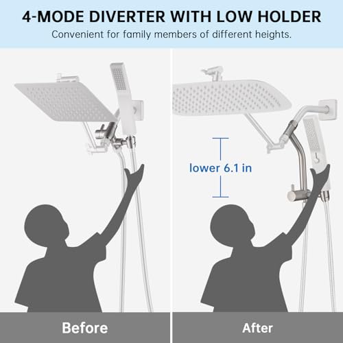 G-Promise 14 Inch All Metal Rain Shower Head with Handheld (Brushed Nickel) | Suits Every Height, Pause Mode Diverter, Massage Mode Handheld, Full Body Coverage, Easy to Install, Modern Bath Upgrade - color: Brushed Nickel, size: 14 Inch