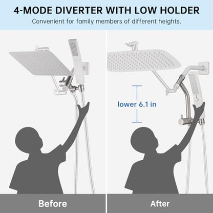 G-Promise 14 Inch All Metal Rain Shower Head with Handheld (Brushed Nickel) | Suits Every Height, Pause Mode Diverter, Massage Mode Handheld, Full Body Coverage, Easy to Install, Modern Bath Upgrade - color: Brushed Nickel, size: 14 Inch