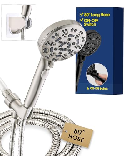 Handheld Shower Head with 6.56ft Extra Long Hose, On Off Switch 8-Seting High Preesure Hand Held Showerhead, Low-Reach Adhesive Holder for Kid, Disable& Elder (Brushed Nickel) - color: Brushed Nickel