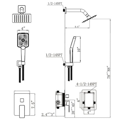 Shower System Modern Rain 8 inches Brass Faucet Set With Valve and Diverter Shower Mixer With Handheld High Pressure Square Rainfall Shower Valve (8'' Wall Mount, Matte Black) - color: Matte Black, style: 8'' Wall Mount