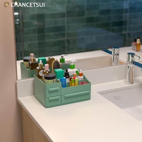 Green Makeup Organizer Countertop for Vanity: Bathroom Counter Storage | Multi Compartment Skincare Box with Drawer for Desktop Dresser Table