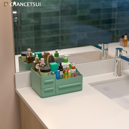 Green Makeup Organizer Countertop for Vanity: Bathroom Counter Storage | Multi Compartment Skincare Box with Drawer for Desktop Dresser Table