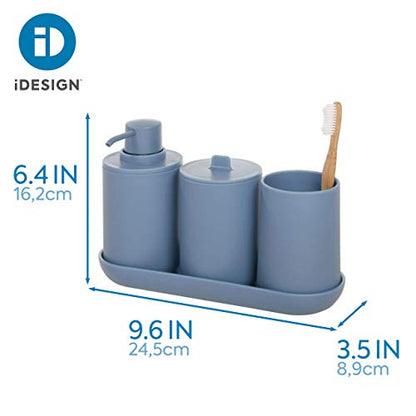 iDesign Bathroom Accessories Set, 4-Piece Sink Tidy with Soap, Toothbrush Holder, Cotton Pad Dispenser and Tray, Made of Plastic, Blue, 24.5 cm x 8.9 cm x 16.2 cm - color: Dusty Blue, size: 24.5 cm x 8.9 cm x 16.2 cm