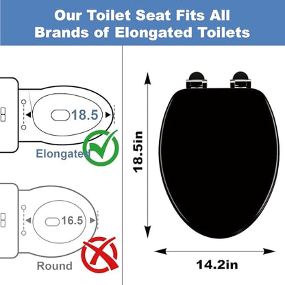 Elongated Slow Close Toilet Seat, Black Wood Toilet Seat Support 400 lbs, Heavy Duty Oval Wood Toilet Lid with Soft Close Chrome Hinges, Grip-Tight Bumpers - Easy to Clean, Quick Assembly - color: Black, size: Elongated Slow Close