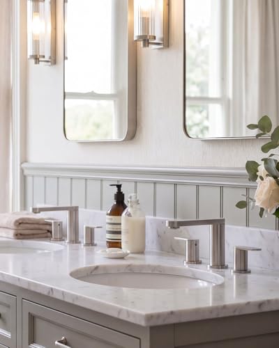 BWE Brushed Nickel Bathroom Faucet 3 Hole 8 Inch Widespread Sink Faucets | Stainless Steel Bathroom Faucets with Pop-up Drain and Supply Lines, 360° Swivel Spout 2-Handle Sink Faucet for Bath Vanity - color: Brushed Nickel, size: 8 Inches Widespread