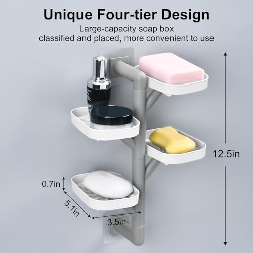 Soap Holder Four Layer Wall Mounted NO-Drilling Rotatable Self-draining Removable Soap Dish for Shower Bathroom Tray,Self Draining Sponge Holder,Razor Holder (White/Gray) - color: White/Gray