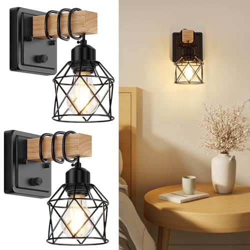 FadimiKoo Dimmable Wall Sconces Set of Two, Bedside Wall Mounted Lamp with Rotary Switch, Wooden Black Bathroom Light Fixtures with Metal Cage, Hardwired Farmhouse Wall Lights for Bedroom, Living Room - color: Black, size: 1-Light (2 Pack)