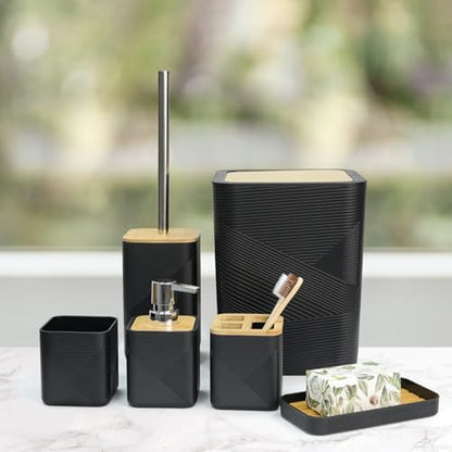 CERBIOR Bamboo Bathroom Accessories Set 6 Piece Square Spiral Set,Black | Includes Soap Dispenser, Toothbrush Holder, Toothbrush Cup, Soap Dish for Decorative Countertop and Housewarming Gift - size: Complete Set, style: Black
