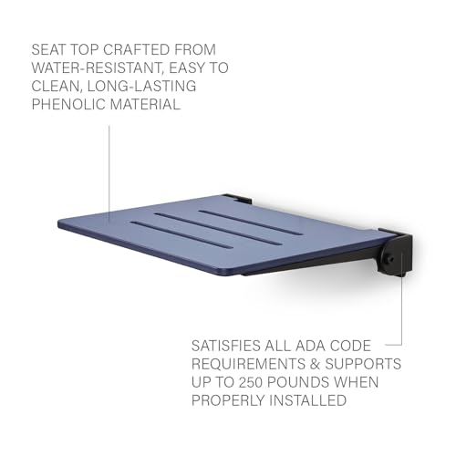 18 inch Silhouette Slimline Folding Wall Mount Shower Bench Seat, Navy Seat with Matte Black Frame - color: Navy Seat With Matte Black Frame
