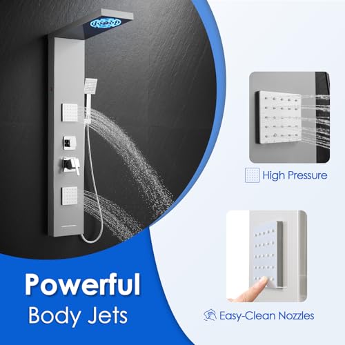 ROVOGO Shower Panel Tower System With Led Lights, 5 Shower Modes, Brushed | Rainfall Mist Shower Head, 3 Body Jets, Handheld and Tub Spout, Stainless Steel Shower Column With Mixing Valve, 46.5 Inch - style: Brusehd- With Led Lights