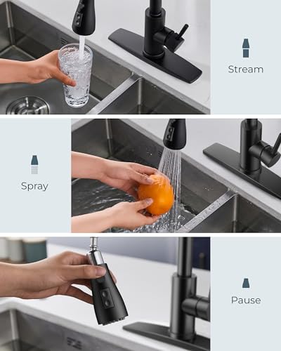 FORIOUS Black Kitchen Faucet, with Soap Dispenser and Pull Down Sprayer | High Arc Single Handle, Lead-Free Stainless Steel, 3 mode Sprayer, Classic Bar Sink Faucet for Outdoor Rv Laundry Camper - color: Matte Black, style: Classic
