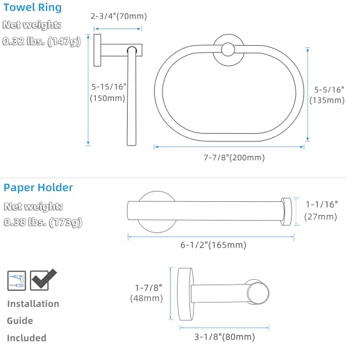 Matte Black Bathroom Hardware Set, 2-piece, 304 Stainless Steel | Bathroom Accessories Set for Bathroom Restroom, 180° rotating Towel Ring, Open-arm Toilet Paper Holder, Drilling Mounted - color: Matte Black Oval Shape