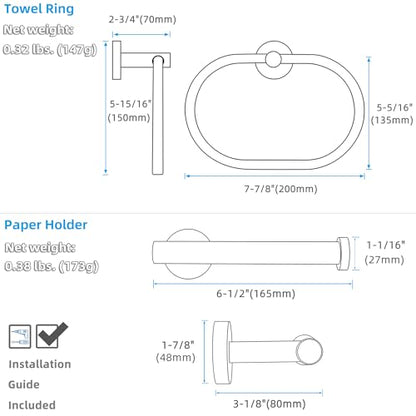 Matte Black Bathroom Hardware Set, 2-piece, 304 Stainless Steel | Bathroom Accessories Set for Bathroom Restroom, 180° rotating Towel Ring, Open-arm Toilet Paper Holder, Drilling Mounted - color: Matte Black Oval Shape