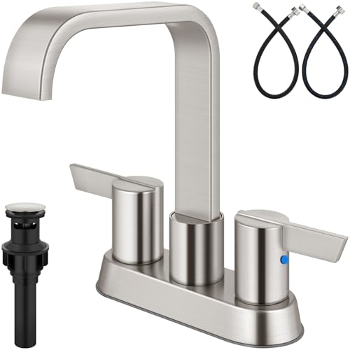 Brushed Nickel Waterfall Bathroom Faucet 4 Inch Centerset,2-Handle | Stainless Steel 3-Hole Deck-Mount Design Includes Supply Lines and Pop-Up Drain for a Complete Vanity Installation - color: Brushed Nickel