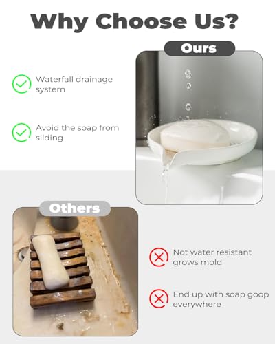 Zoeeker Self Draining Soap Dish, Ceramic Drain Soap Holder Waterfall Design | Bar Soap Dish with Drainage Round Kitchen Soap Saver for Shower, Bathroom, Sink, Kitchen and Countertop, Keeps Dry, White - color: White, size: Round