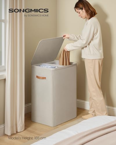 SONGMICS Laundry Basket, 44.9 Gal. Laundry Hamper, 2 Compartments, Easy Assembly, with Lid and Handles, Removable Liners, 22 x 15.7 x 29.5 Inches, Cappuccino Beige ULCB813L01 - color: Cappuccino Beige, size: 170 L (2-Section)