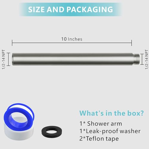Shower Extension Arm, Solid Stainless Steel Shower Pipe Extension with Teflon Tape and Washer, For Lowering or Extending Showerhead (10 Inch, Brushed Nickel) - color: Brushed Nickel, style: 10 Inch