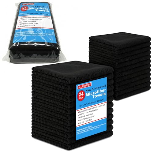 Blue Horizon Black Microfiber Cleaning Towels, 24-Pack Dual-Sided Ultra Soft Plush Washcloth, All Purpose Premium Microfiber Detailing Cleaning Cloths Shop Towels (16" x 16", Black) - color: Black