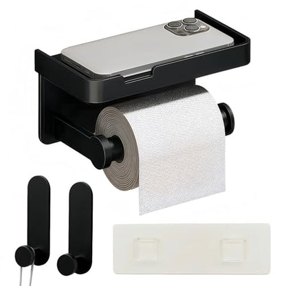 Adhesive Toilet Paper Holder and 2 Metal Hooks Combo - Rustproof Aluminum with Extra Adhesive Pads for Easy Replacement of Positions,Matte Black Toilet Paper Holder with Shelf(Wall Mount)