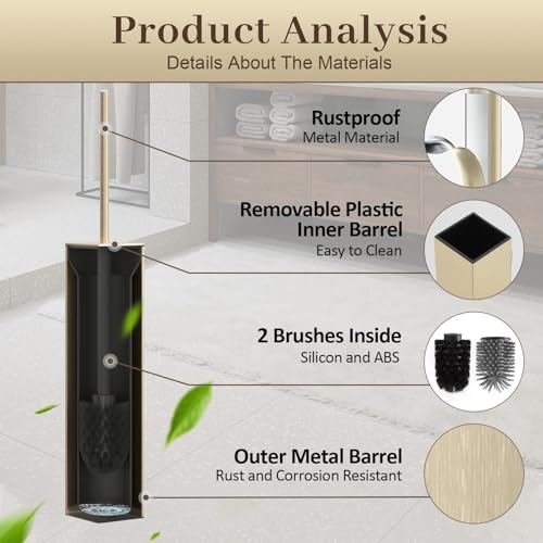 Toilet Brush and Holder Wall Mounted, Brushed Gold Aluminum with 2 Replaceable Heads, Bathroom Toilet Brush, Drill or 3M Adhesive Mount, Removable Liner and Splash Guard, Modern Square Design - color: Brushed Gold-wall Mounted
