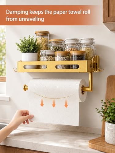 Gold Paper Towel Holder Wall Mount with Shelf, Easy One Hand Tear, Adhesive Glue or Drill Mount Hanging Paper Towel Holder with Shelf for Kitchen/Bathroom/RV, Metal, 4 Hooks - color: Golden
