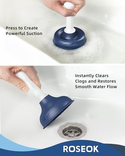 ROSEOK Sink Plunger, Mini Plunger with Short Handle, Powerful Small Plunger | For Bathroom Sinks, Kitchen Sinks, Tubs, Shower Drains, Navy Blue