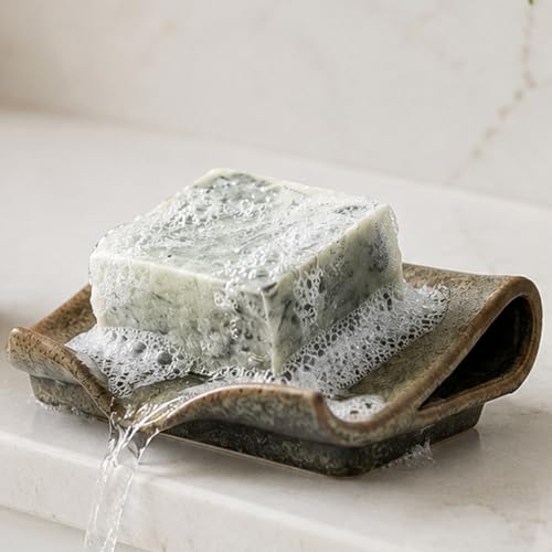 Zoeeker Self-Draining Soap Dish, Ceramic Bar Soap Holder with Drainage | Waterfall Design Soap Saver for Bathroom, Kitchen, Sink, Countertop, Sink Organizer Tray Keeps Dry, Variegated Brown Glaze - color: Brown