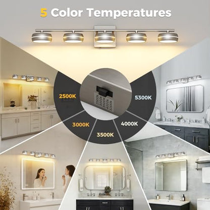 Vanity Light Fixture, 31.1 Inch 5-Light Bathroom Vanity Lighting with Brushed Nickel Finish, 5CCT Adjustable Wall Light, Dimmable Hardwired Vanity Fixture for Large Mirror, Modern Bath Spaces - size: 31 Inch Long