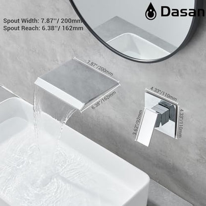 DASAN Wall Mount Waterfall Bathroom Faucet Polished Chrome in Wall Sink Faucet, Single Handle Wall Mounted Modern Faucet for Bathroom with Upgraded Rough in Valve, DA-TFD3CH-NH - color: Polished Chrome