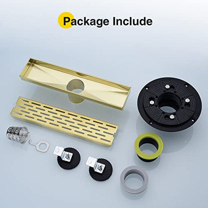 12 Inch Square Linear Shower Drain Brushed Gold Bathroom Floor Drain 304 Stainless Steel with Hair Catcher Strainer Removable Grate Cover ﻿