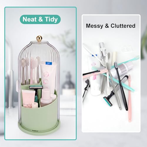 QIYVLOS Toothbrush Holders with Sliding Lid, Rotating 3 Slots Bathroom Organizer Countertop, Tooth Brush Toothpaste Holder Bathroom Counter Stand Sink Organizer Caddy for Makeup Brushes Holder (Green) - color: Green+Transparent