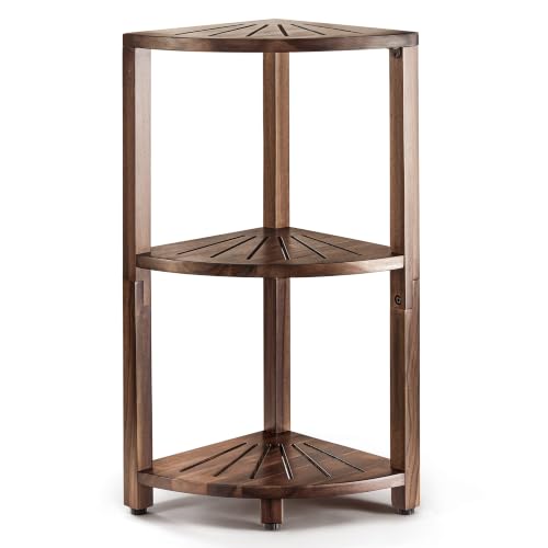 BLUEWEST 3-Tier Corner Shower Caddy Stand, Wood, Walnut | Shower Organizer Standing, Anti-Slip Feet, Waterproof & Durable, Space-Saving Design, Bathroom Corner Shelf - color: Walnut