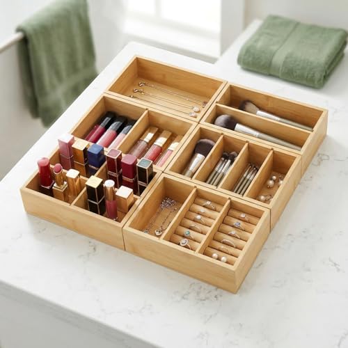 Bamboo Drawer Organizer with Removable Dividers, Fits Kitchens, Bathrooms, Desk, Utensil, Makeup (Natural, S) - size: S