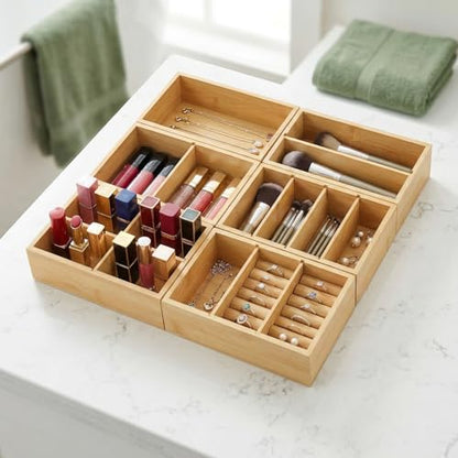 Bamboo Drawer Organizer with Removable Dividers, Fits Kitchens, Bathrooms, Desk, Utensil, Makeup (Natural, S) - size: S