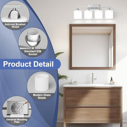 Bathroom Lighting Fixtures Over Mirror, Anti-Rust Vanity Light Fixture for Bathroom, Modern 4-Light Wall Sconce Light for Living Room, E26 Base, Milky White Glass Shades, Bulbs Not Included - color: Brushed Nickel-4Light