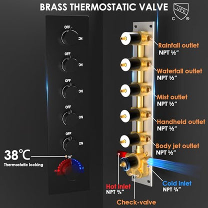 Enga Luxury Dual Shower Head System LED Thermostatic Shower System with 6 inch Wall Shower, 20-Inch 3 Function Shower Head (Rainfall & Mist & Waterfall), Matte Black - color: Matte Black, style: 20" Head (Rain + Mist+Waterfall) - 6" Head
